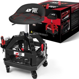 FreekyFit Rolling Shop Stool for Garage with Casters, DO02-Adjustable Height 360° Swivel Shop Seat with Tool Tray Storage, 330 LBS Capacity Padded Mechanic Stool, Magnetic Tool Hold, Heavy Duty, Black