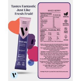 Vidrate Electrolytes Powder Hydration Sachets - Low-Calorie Hydration Powder Packs with Magnesium, Vitamins & Zero Sugar - No Artificial Sweeteners or Preservatives - 60 Night Time Mixed Berry Sachets