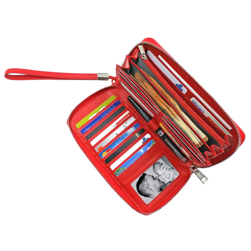 FreeHaveFun Ladies Large Long Leather Wallet RFID Protection, red, Elegant