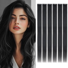 Benehair Clip-In Real Hair Extensions, 6 Pieces, Clip Real Hair Extensions, Single Clip, Real Hair Extension Clips, Virgin, Free to Wear, One Piece Hair Extensions, 50 cm, Dark Black #1