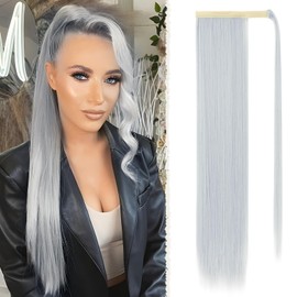 Benehair Long Straight Ponytail Hairpiece, Synthetic Hair Extensions, Braid Hair Extension, Hairpiece Braid, Silver Grey Ponytail Extension for Women and Girls, Silver Grey, 71 cm
