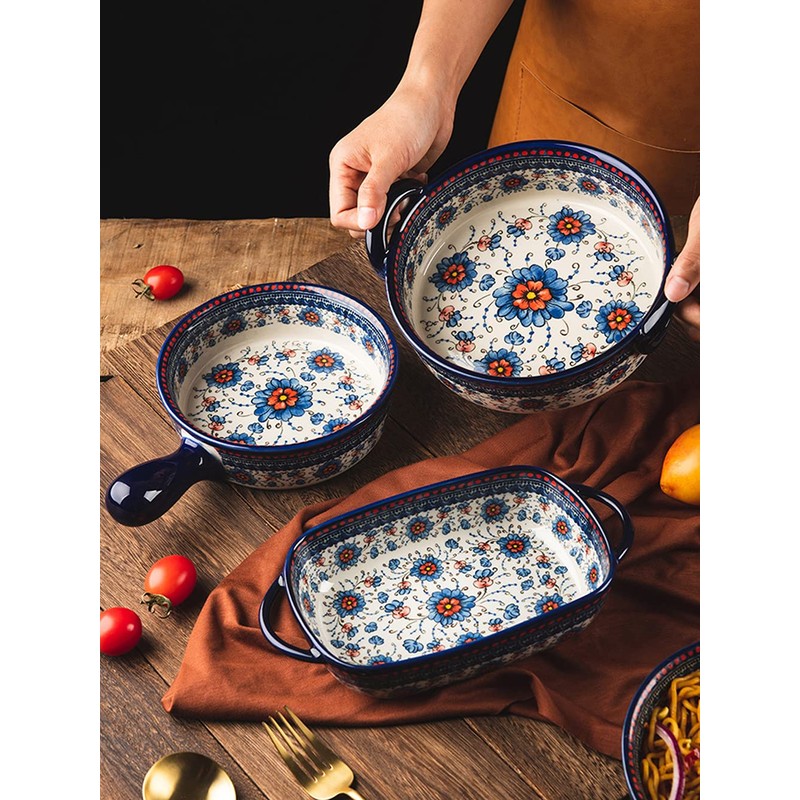 Bicuzat Blue and Orange Flower Vintage Style Ceramic Bakeware Casserole