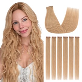 Silk-co Clip in Hair Extensions Real Human Hair Extension Double Weft With Lace Coverd Clip in Silky Straight 100% Natural Very Thin Highlight efffect for Women 6PCS 6Clip 18Inch #27 Dark Blonde 44g