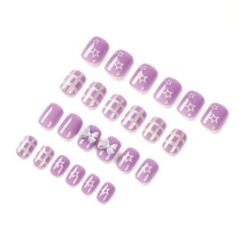 Vezocim Press on Nails Short Length Square Shape 24Pcs Purple Glue ons Nails Coffin with Bow Star Designs Glossy Full Cover Acrylic Short False Nails Fingernails Artificial Fake Nails for Women