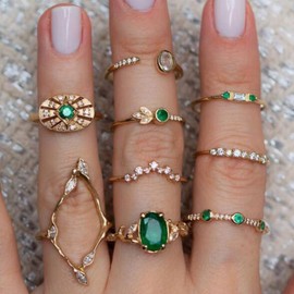 Octwine Vintage Stackable Knuckle Rings Emerald Crystal Rings Set Bohemian Crystal Rings Jewelry Rings Accessory for Women and Girls(9 pcs)
