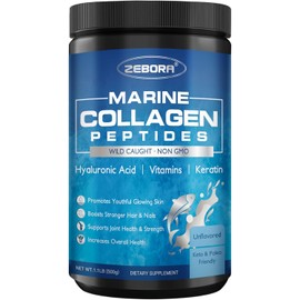ZEBORA Marine Collagen Peptides Powder 50 Servings - Wild Caught Hydrolyzed Fish Collagen with Hyaluronic Acid, Keratin, Multivitamins - Collagen for Women Support Skin Hair Nail Joint, Keto Friendly