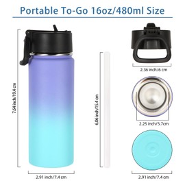 Volhoply 16 OZ Kids Water Bottle Bulk 2 Pack,Insulated Sports Bottles with Straw Lid,Stainless Steel Bottle with Handle Keep Cold & Hot,Double Wall Vacuum Thermo Cups for School(Purple Blue,Set of 2)