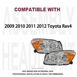 2PCS Headlights Assembly for USA Built Model For 2009 2010 2011 2012 Toyota RAV4 Base Limited Replacement Headlamps Chrome housing Amber Reflector Driver & Passenger Side