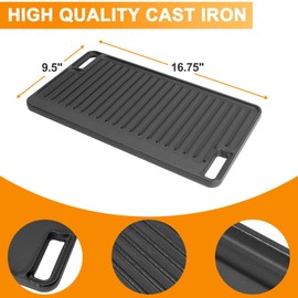 DcYourHome Cast Iron Reversible Griddle Pan for Gas Grill, Flat Griddle for Gas Stove, Versatile Stovetop Griddle, Pre-Seasoned Stove Grill Top for Indoor/Outdoor, 16.75" X 9.5" Oven Top Griddle