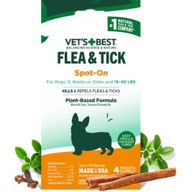 Vet's Best Natural Flea and Tick Drops for Medium Dogs – Plant-Based Spot-On Treatment with Certified Essential Oils – Topical Flea and Tick Prevention and Control – Natural Pest Care – 4 Month Supply