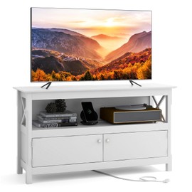 Giantex TV Stand with Power Outlet for TVs up to 50 Inch, Entertainment Center with 2-Door Cabinet, Storage Shelf, 2 Cable Holes, Modern Media Console Table for Living Room, Bedroom, TV Cabinet, White