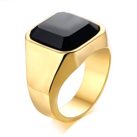 Gold Plated Stainless Steel Signet Rings with Black Agate for Men,Pinky Ring Band for Men,Gemstone Ring for Men,size 9