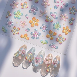 1Pcs Flower Nail Art Stickers 5D Embossed Colorful Flower Nail Sticker Floral Nail Decals Spring Summer Stickers for Nails Designs Hawaiian Flowers Pegatinas para Uñas for Women Girls Manicure Art