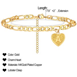 Dcfywl731 Gold Initial Anklet Bracelets for Women Heart Name Letter Anklet with Initials Cuban Chain Anklets Cute Summer Anklets A-Z Foot Jewelry for Women(T)
