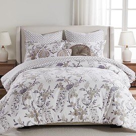 Levtex Home - Pisa Duvet Cover Set - Twin Duvet Cover + Two Standard Pillow Cases - Floral Contemporary Peacock - Grey and Taupe - Duvet Cover (68 x 88in.) and Pillow Case (26 x 20in.) - Cotton