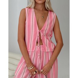 Leyajedol Women Tie Front 2 Piece Pants Outfit Striped Open Front Vest Top Wide leg Lounge Pants Y2K Summer Going Out Set
