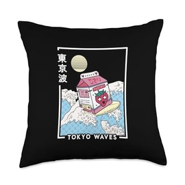 TOKYO WAVES Strawberry Milk Carton Waves Anime Kawaii Aesthetic Throw Pillow, 18x18, Multicolor