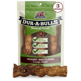 Redbarn Natural Dur-A-Bulls Treats for Dogs - 3 Large Braids - Hickory Flavor - Made in USA Long Lasting 100% Edible No Artificial Ingredients or Plastic