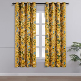 Topfinel Kitchen Curtains 45 Inch Length Mustard Yellow Vintage Blackout Curtains for Cafe Kitchen, Short Grommet Luxury Whimsical Floral Hummingbird Patterned 45 Inches Long for Living Room Bedroom