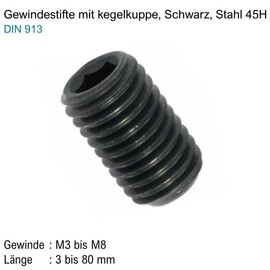 Grub Screws / Grub Screws M3 x 3 mm Black 45H - DIN 913 - with Cone Point and Hexagon Socket - Metric Thread (M3, Length: 3 mm, Quantity: 5 Pieces)