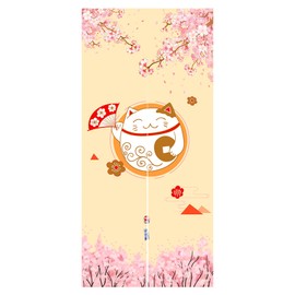LIGICKY Japanese Style Noren Long Doorway Curtain Fortune Cat & Cherry Blossom Hanging Door Tapestry for Home Decoration, 33.5 x 70.9 inch
