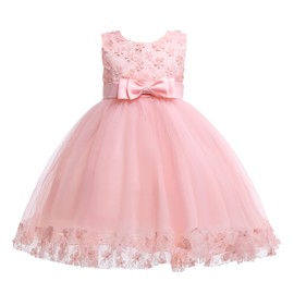 Weileenice Pink Little Girl Flower Lace A-line Party Dresses Fancy Birthday Princess Bridesmaid Wedding Kids Ball Gown 5 6 Toddler Elegant Pageant Evening Prom Photo Shoot Tulle Dress Peach Formal