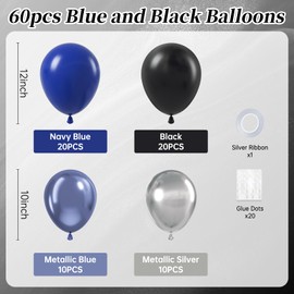 Blue and Black Balloons, 60pcs 12inch Blue Black Metallic Silver Balloons for Graduation New Year Birthday Party Decorations