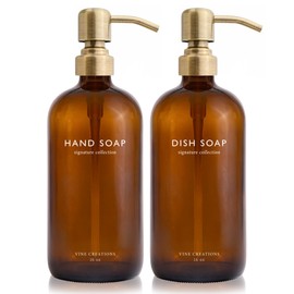 Vine Creations Amber Glass Soap Dispenser Set, Dish Soap and Hand Soap Dispenser Set with Stainless Steel Pump, 16 oz Glass Dispensers for Kitchen or Bathroom Decor (Amber Bottle/Brushed Brass Pump)