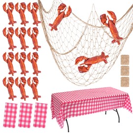 18 Pcs Crawfish Boil Party Supplies Includes Lobster Balloons Crayfish Themed Decorative Tablecloth Fish Net Funny Inflatable Lobster Balloons for Ocean Nautical Birthday Party Decor
