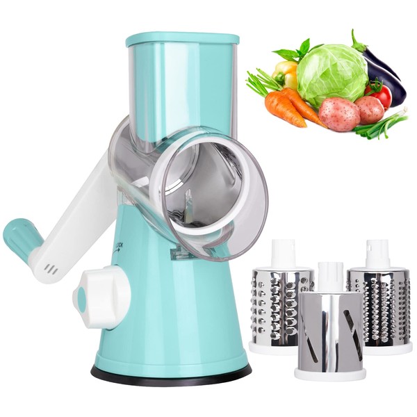 X Home Rotary Cheese Grater, Manual Cheese Grater with Handle, Mandoline Vegetables Slicer Cheese Shredder with Strong Suction Base, 3 Drum Blades Cheese Shredder Included, Easy to Use and Clean, Blue