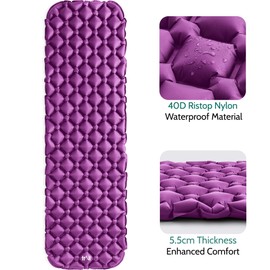 Lightweight Sleeping Mat, Ultra Light Inflatable Camping Pad, Outdoor Hiking Backpacking Festival Air Mattress, Waterproof TPU, 190cm x 56cm x 5.5cm, 520g (Purple)