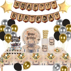 Eviznbou Wizard Geburtstag Deko, Magischer Wizard Partygeschirr Set, Wizard Geburtstag Party Geschirr, Wizard Luftballons Pappteller Tischdecke für Party Kindergeburtstag Deko 16 Gäste