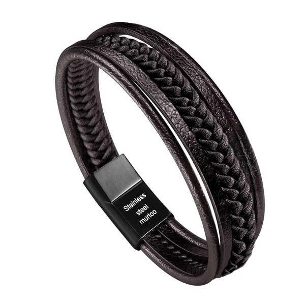 Murtoo Men's Bracelet Stainless Steel Genuine Leather Braided with Magnetic