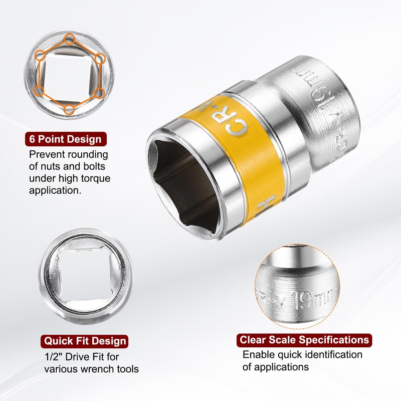 sourcing map 10pcs 1/2" Drive 6 Points Socket 19mm Metric