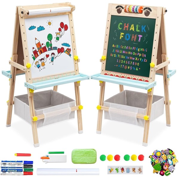 Kids Easel with Paper Roll Wooden Art Easel Height Adjustable