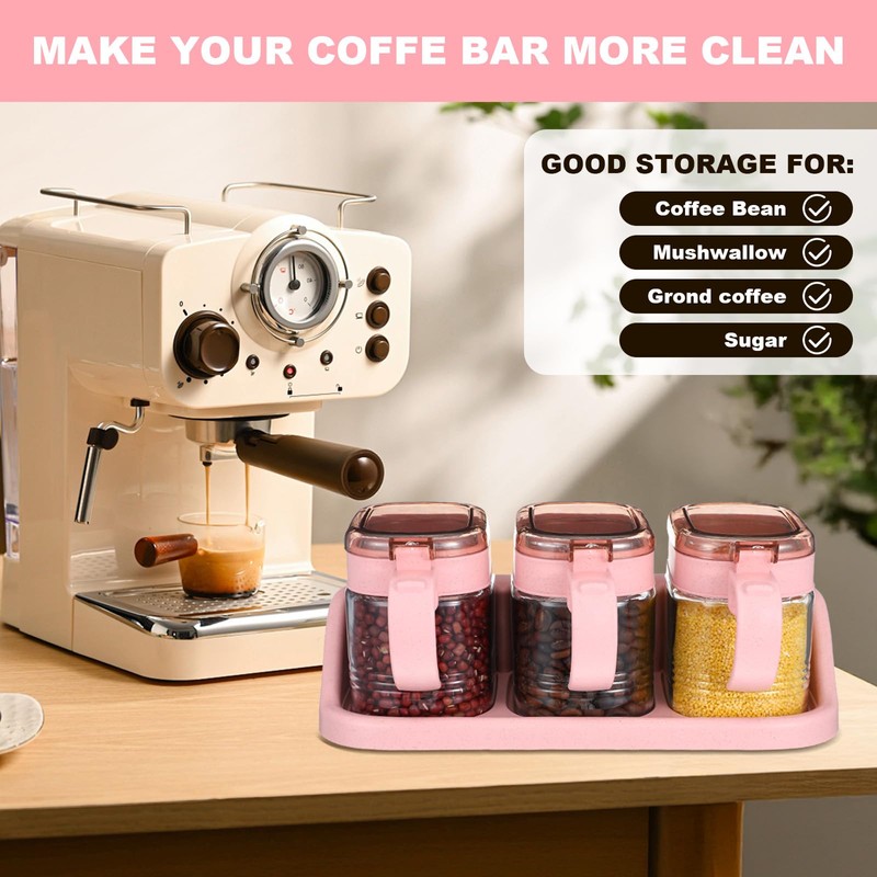 Lemecima 3 Pcs Pink Sugar Coffee Container Set Glass Condiment