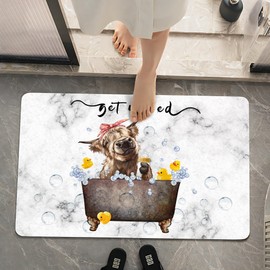 SolAzul Highland Cow Leather Diatomaceous Earth Bath Mat,Super Absorbent Diatomite Stone Bath Mat Non Slip Quick Dry Thin Bathroom Floor Mat Rug (16×24 Inch) (COW-03)