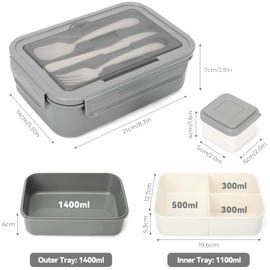 LUZOON Lunchbox Bento Box Brotdose Erwachsene 1400ml mit 3 FäChern für Kinder inkl. Besteck Jausenbox für Mikrowellen Und SpüLmaschinen, Schule Arbeit Picknick Reisen (Grau + Saucenbox)