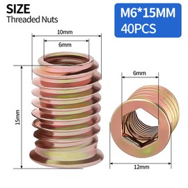 Einschraubmutter M6x15mm Gewindeeinsatz Holz 40 Stück Gewindehülse M6 Einschraubmuffen Gewindeeinsätze Einschraubhülse Gewindeeinsatzmuttern Verzinkte Sechskant für Holzmöbel usw