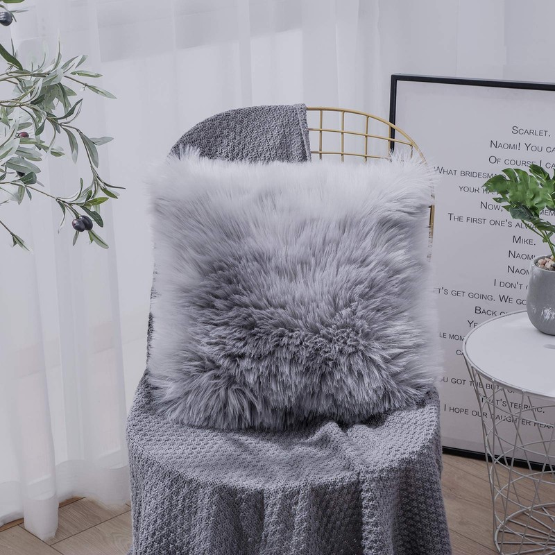 OYIMUA Grey 18'' x 18'' Fluffy Soft Faux Fur Cushion