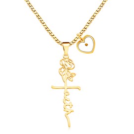 Zircobic Rose Faith Necklace with Cross Pendant Gold Plated, Inspirational Stainless Steel Religious Jewelry, Christian Rituals, Birthdays for Women - YA4790