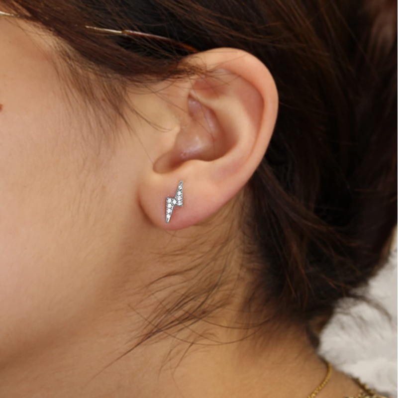 Sterling Silver Lightning Bolt Mini Stud Earrings, 925 Purity Cute