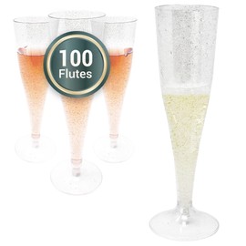 Reli. (100 Bulk Pack Silver Glitter Plastic Champagne Flutes 4.5 Oz | Clear Plastic Champagne Glasses/Flutes | Disposable, BPA-Free, Shatterproof | Perfect for Mimosa, Wedding, Party Toasting