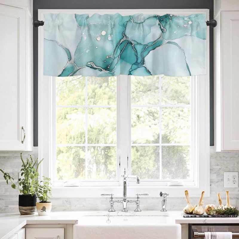 Hokiten Teal Marble Pattern Window Valance Curtains, Window Treatment for