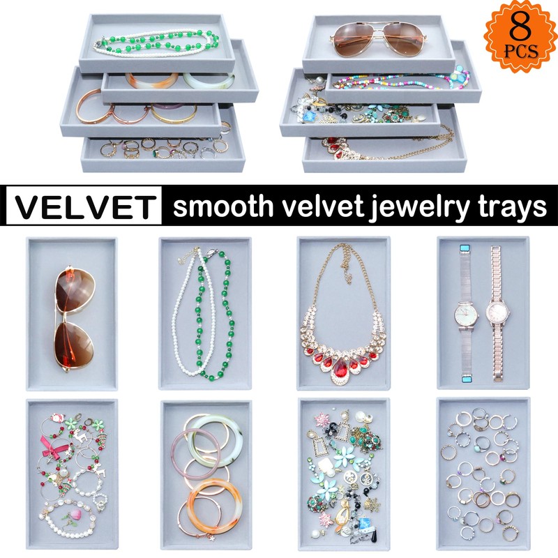 8 Pack Stackable Velvet Jewelry Trays Organizer for Drawers Large