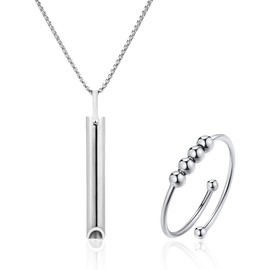 2 Pcs Breathing Necklace,Breathlace,Necklace,Device Stop Anxiety,Stress Relief Necklaces Mindful Whistle for Meditation,for Calming Breath Therapy,with Rings,Exercise,Steel Color