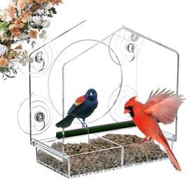 Jarkyfine Window Bird Feeder - 4 Strong 2.36" Suction Cups - Clear Acrylic Birdhouse for Outdoors, Removable Tray, Birdwatching Gift for Parents