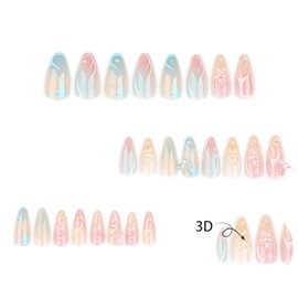 Summer Press on Nails Almond Medium Fake Nails 3D Butterfly Nail Art Short Almond-Shaped Fake Nails French Designer Reusable Acrylic Nails Handmade Summer Daily wear Nails for Women 24Pcs