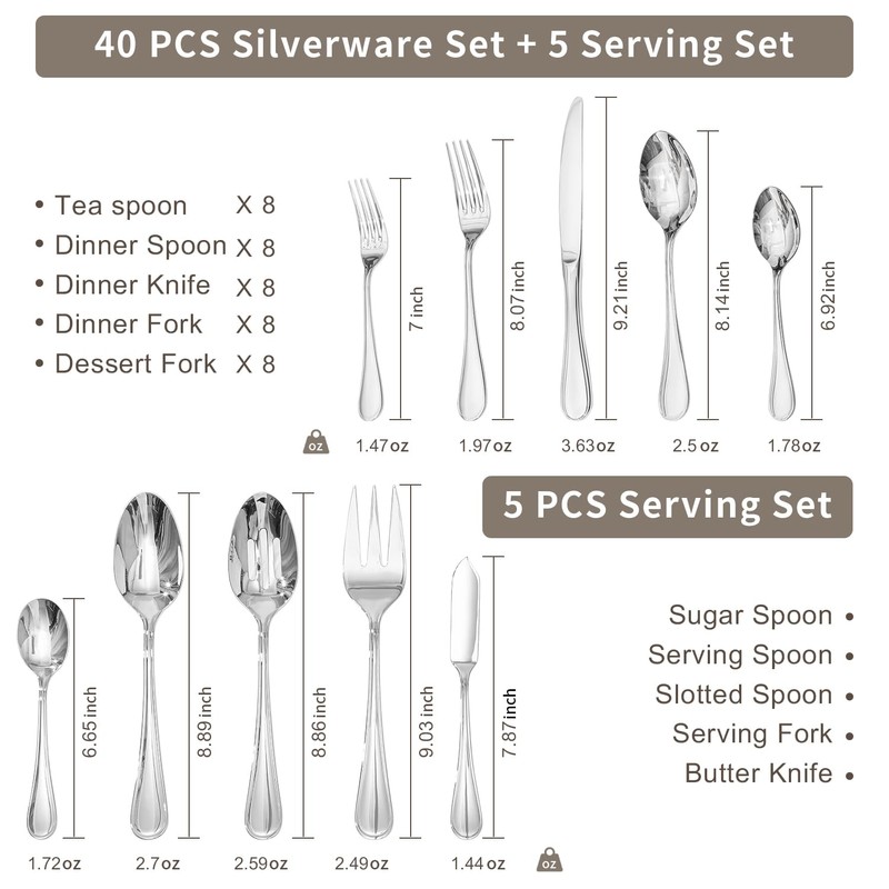 KINGSTONE 45 Piece Silverware Set for 8 with Serving Utensils,