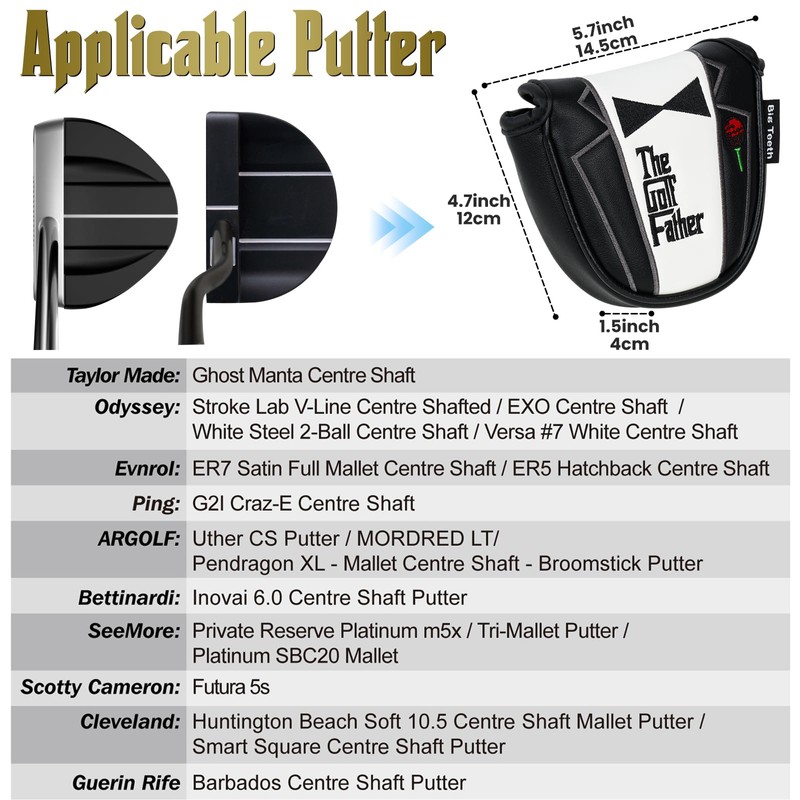 Golf Mallet Putter Head Cover Magnetic Closure Centre-shaft Club Protector